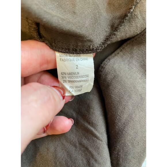 theory Olive Green/ Brown Linen Blend V Neck Cross Back Mini Sundress Size 2 Y2K - Picture 14 of 14